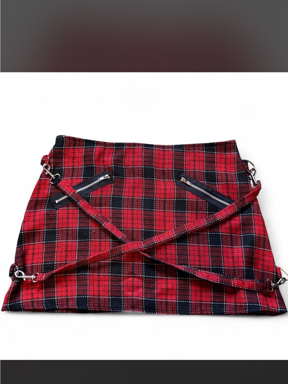 Vintage black red and white plaid knit bondage punk mini skirt with zippers